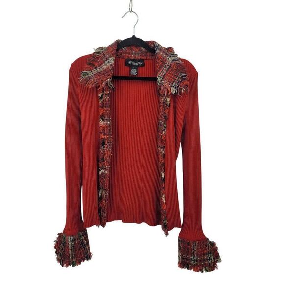 My Favorite Things Red Ribbed Silk Cardigan Jacket L Plaid Tweed Collar Cuffs - Picture 4 of 15